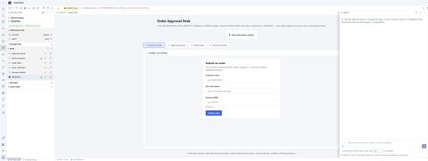 Screenshot of the DBS Invenio app builder: a tree of the apps in a project on the left, the running app previewed live in the centre, and an agent panel on the right for describing changes
