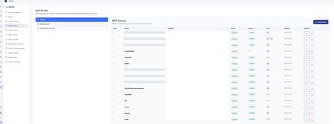 Screenshot of the DBS Invenio MCP servers administration screen: a table of registered tool providers with endpoint, status, cache duration and authentication, including an Excel reader, an IoT historian, Microsoft 365, a SQL performance advisor and web browsing, several names redacted