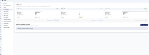 Screenshot of the DBS Invenio provider administration screen showing cards for Claude, OpenAI and AzureAI with base URL, default model, maximum tokens, reasoning effort, timeout and a masked API key, above a section for adding OpenAI-compatible providers such as Ollama and LM Studio