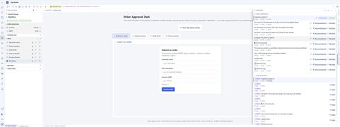 Screenshot of the DBS Invenio app builder with its versions panel open: a list of saved snapshots with size, author and age, one badged production and one current, per-snapshot actions to promote or roll back, and the running order-approval app previewed in the centre